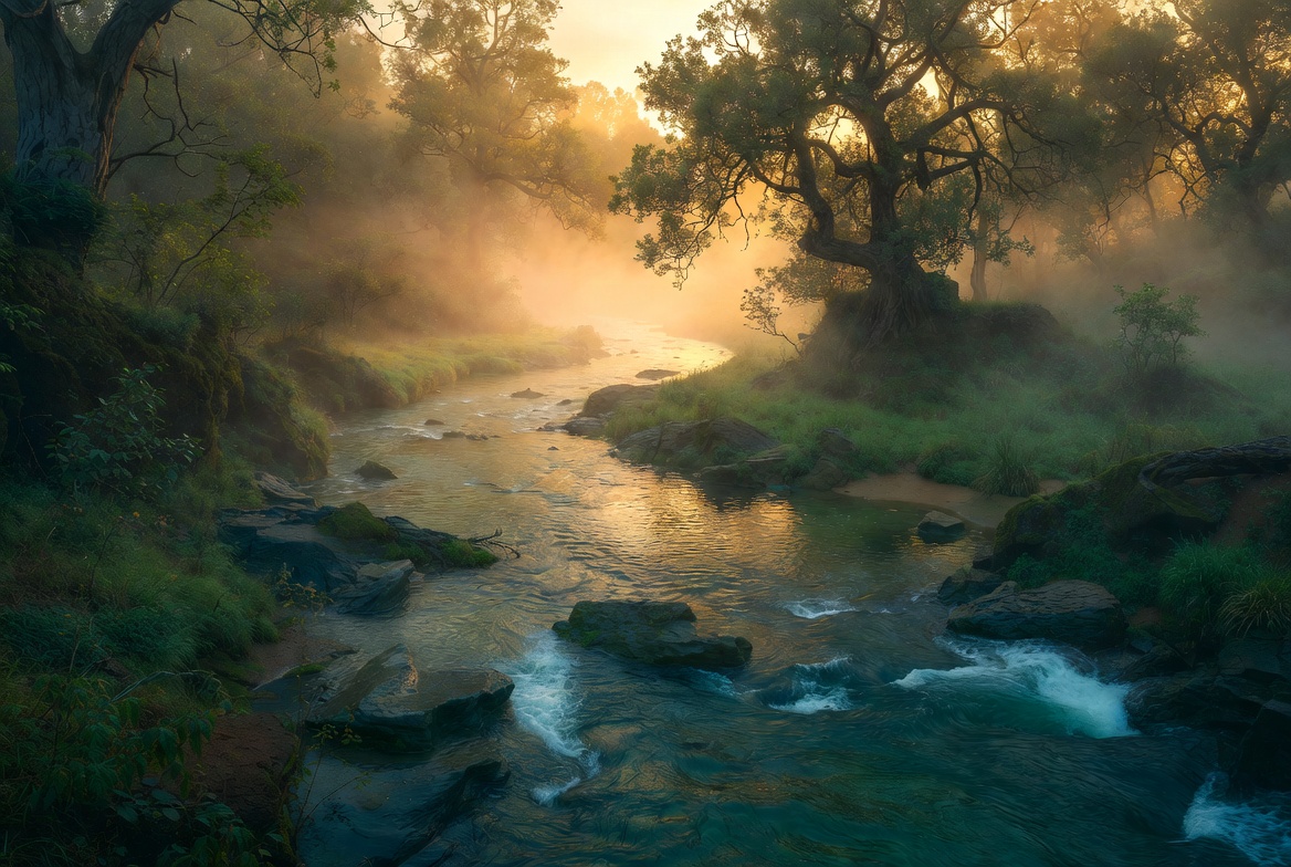 Misty flowing river through valley
