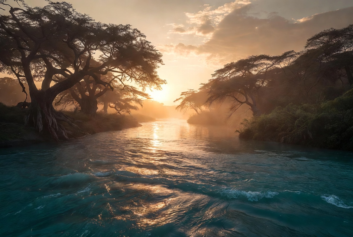 Peaceful golden-hour riverbank