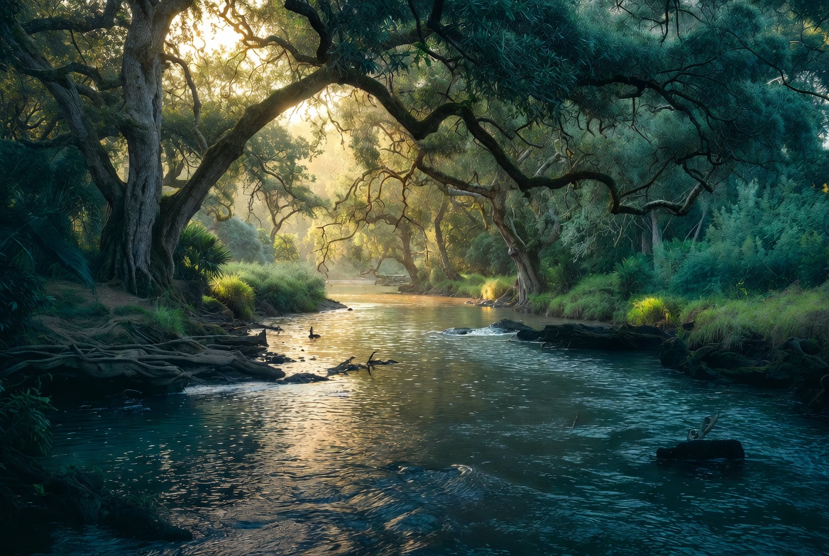 Ancient trees framing the river